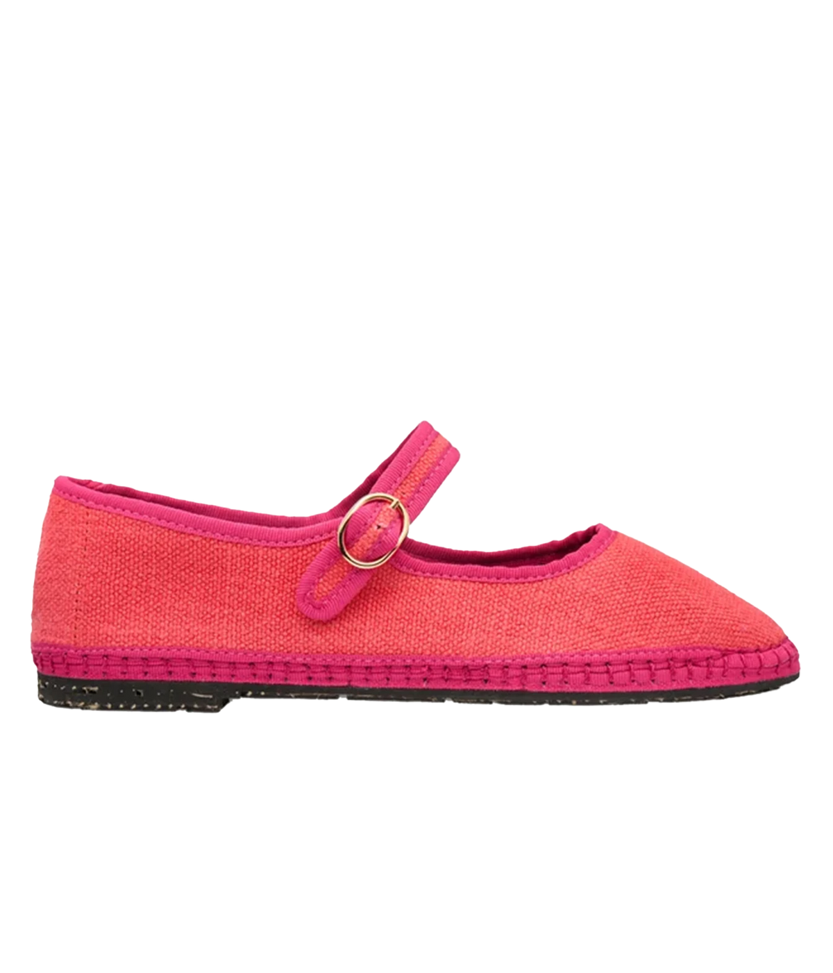 Side profile of the Flabelus Lago in Geranio, showing the light pink linen upper, pink piping and single buckle strap across the instep
