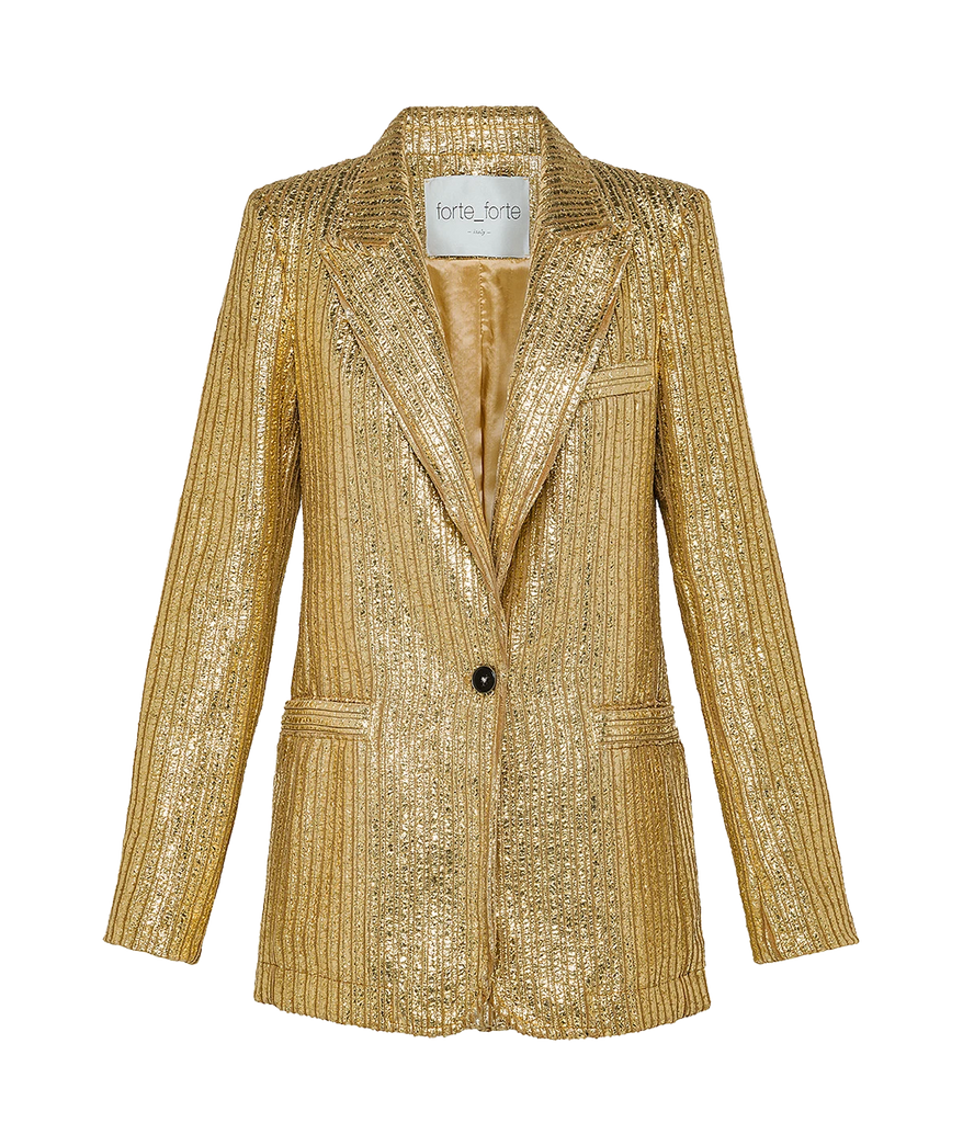 A laminated ribbed gold single breasted velvet blazer,  featuring long sleeves, lapel collar, one button closure, front and side pockets.  Matching set, party look, new year's eve, Christmas party, bra-friendly, made in Italy.