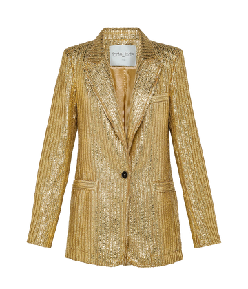 A laminated ribbed gold single breasted velvet blazer,  featuring long sleeves, lapel collar, one button closure, front and side pockets.  Matching set, party look, new year's eve, Christmas party, bra-friendly, made in Italy.