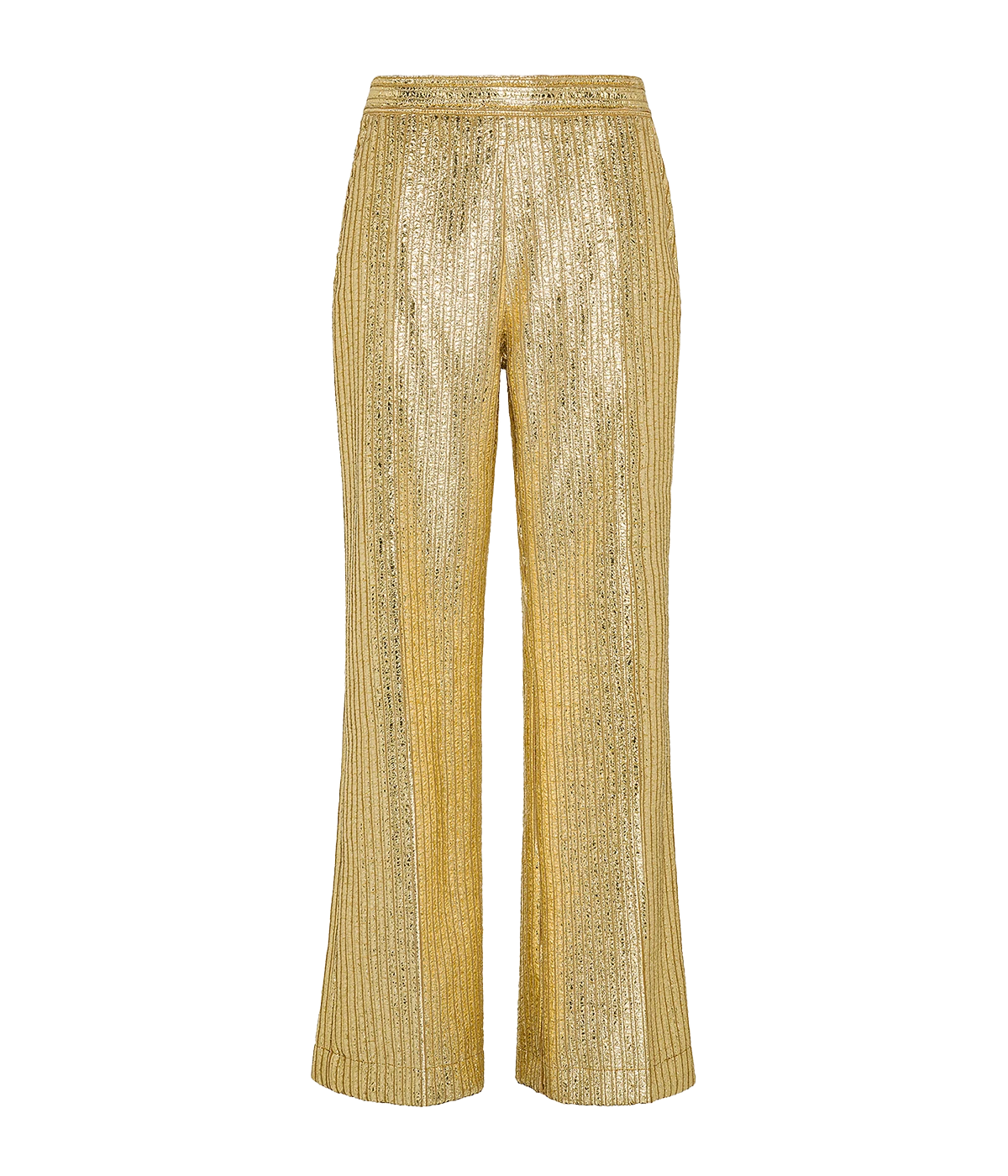 Long, laminated ribbed velvet ribbed pants, featuring a front pleat, side zip closure, side slit pockets and back welt pockets. Made in Italy. Matching set, party outfit, New Year's Eve, Christmas party, festive season look, gold outfit, comfortable, flattering.