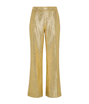 Long, laminated ribbed velvet ribbed pants, featuring a front pleat, side zip closure, side slit pockets and back welt pockets. Made in Italy. Matching set, party outfit, New Year's Eve, Christmas party, festive season look, gold outfit, comfortable, flattering.