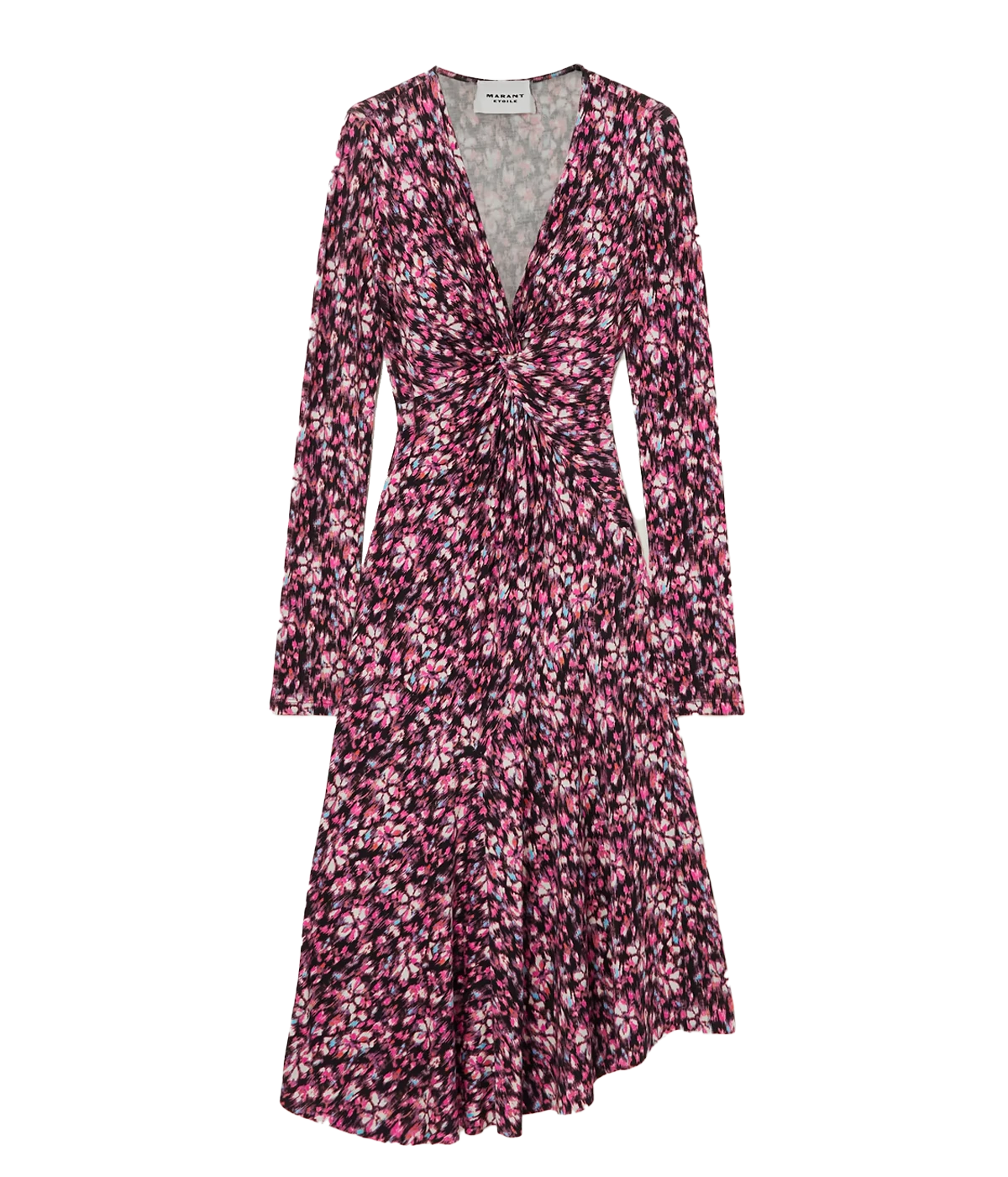 An elevated basic everyday jersey dress, with a pink and purple floral pattern, long sleeves, midi style, v neckline and gathered knot detail. Long Lunch, throw on and go, bra friendly, made internationally, comfortable. 