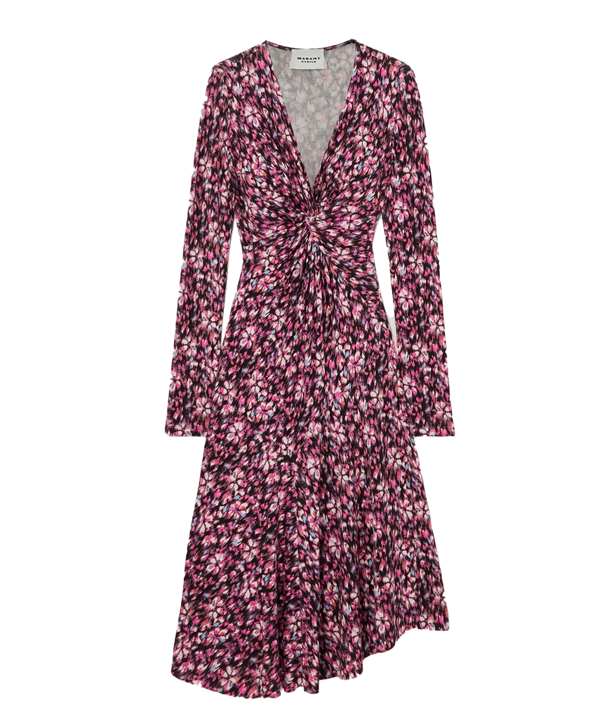 An elevated basic everyday jersey dress, with a pink and purple floral pattern, long sleeves, midi style, v neckline and gathered knot detail. Long Lunch, throw on and go, bra friendly, made internationally, comfortable. 