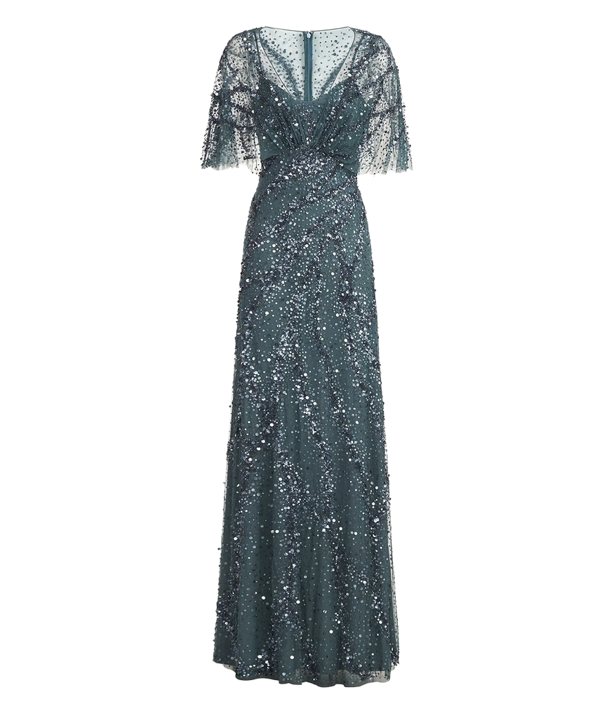 A special event black tie gown, full length short sleeve, v neckline and sequin detailing in a blue colourway. Bra friendly, comfortable, Christmas Dress, special occasion. 