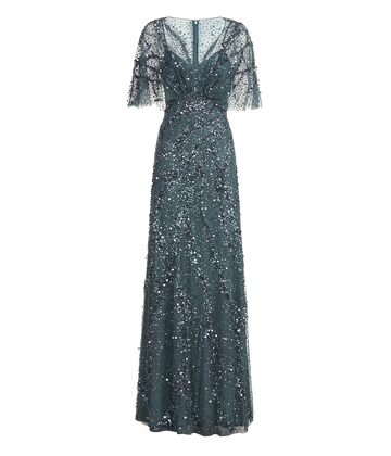 A special event black tie gown, full length short sleeve, v neckline and sequin detailing in a blue colourway. Bra friendly, comfortable, Christmas Dress, special occasion. 