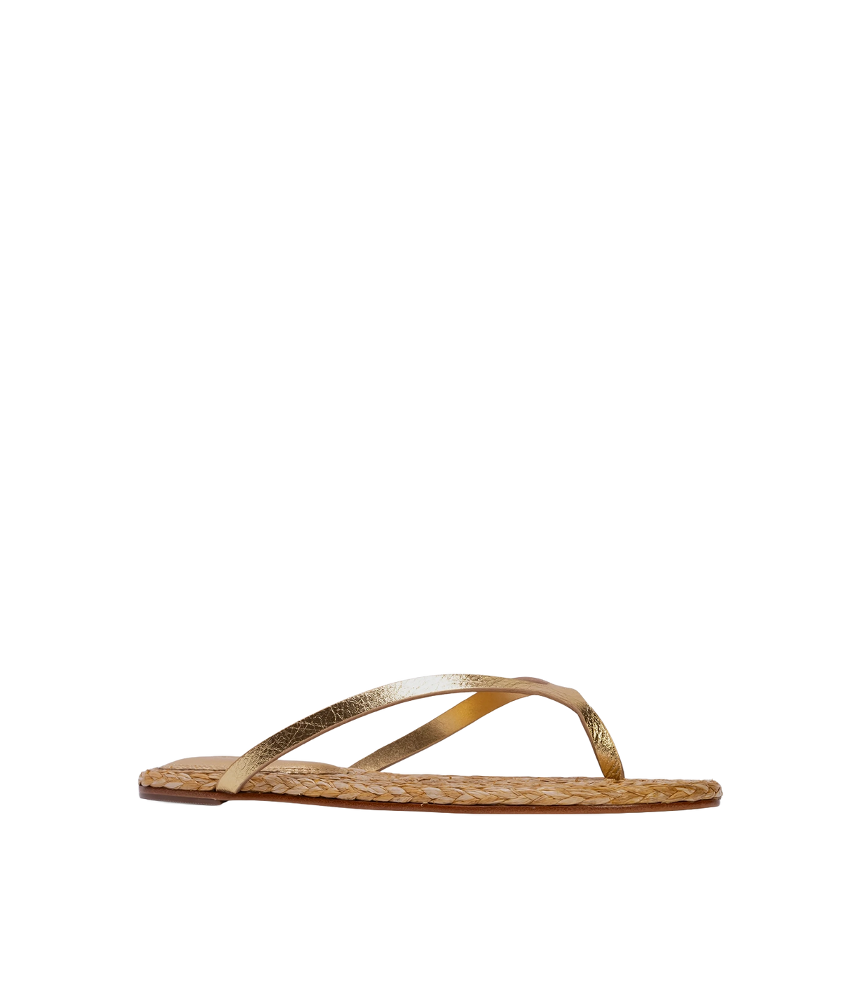 A single flat thong sandal shown in side profile, features a textured woven natural-fiber footbed in a light tan color and metallic gold straps - Alaya Sandal in Gold Metallic