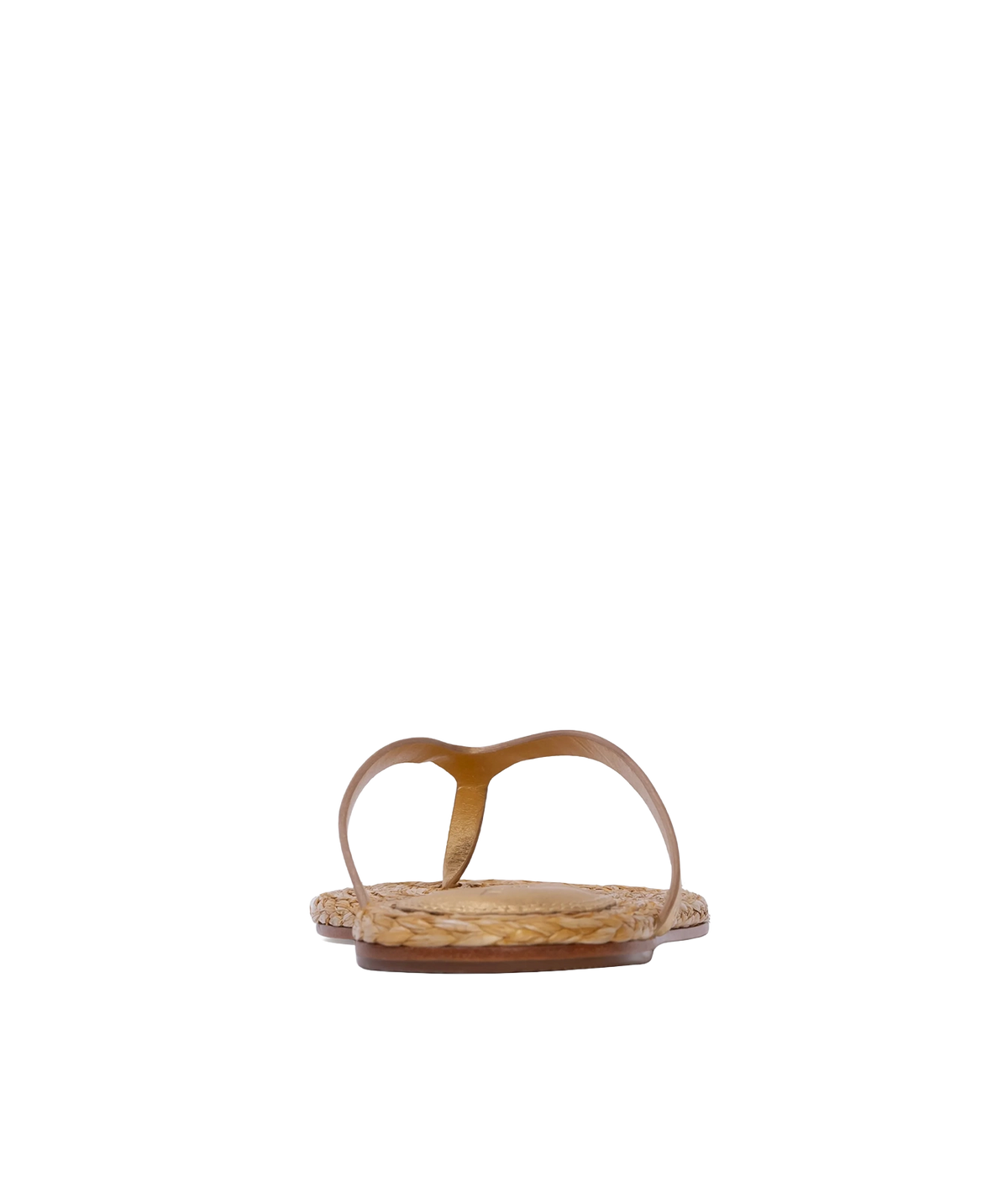 A single flat thong sandal with a gold leather strap and a woven natural straw footbed - Alaya Sandal in Gold Metallic