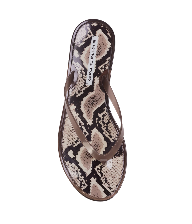 A single women's thong sandal shown from a top-down view - Crystal Sandal in Brown Snake