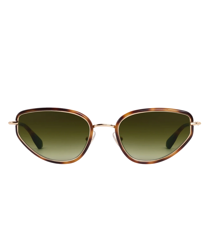 Front view of the KREWE Leah Sunglasses in 18K Maple, showing the upswept tortoise frame, gold metal rim and green gradient lenses