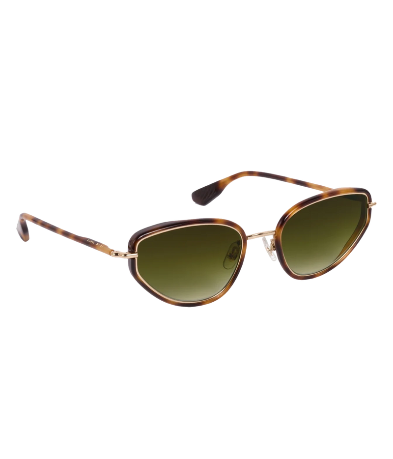 Three-quarter view of the KREWE Leah Sunglasses in 18K Maple, showing the gold bridge and slim temples