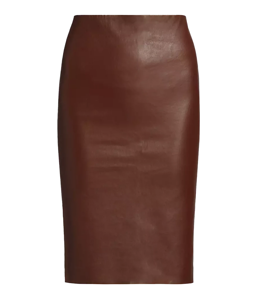 midi length whiskey brown real leather skirt, perfect for nights outor corporate wear. 