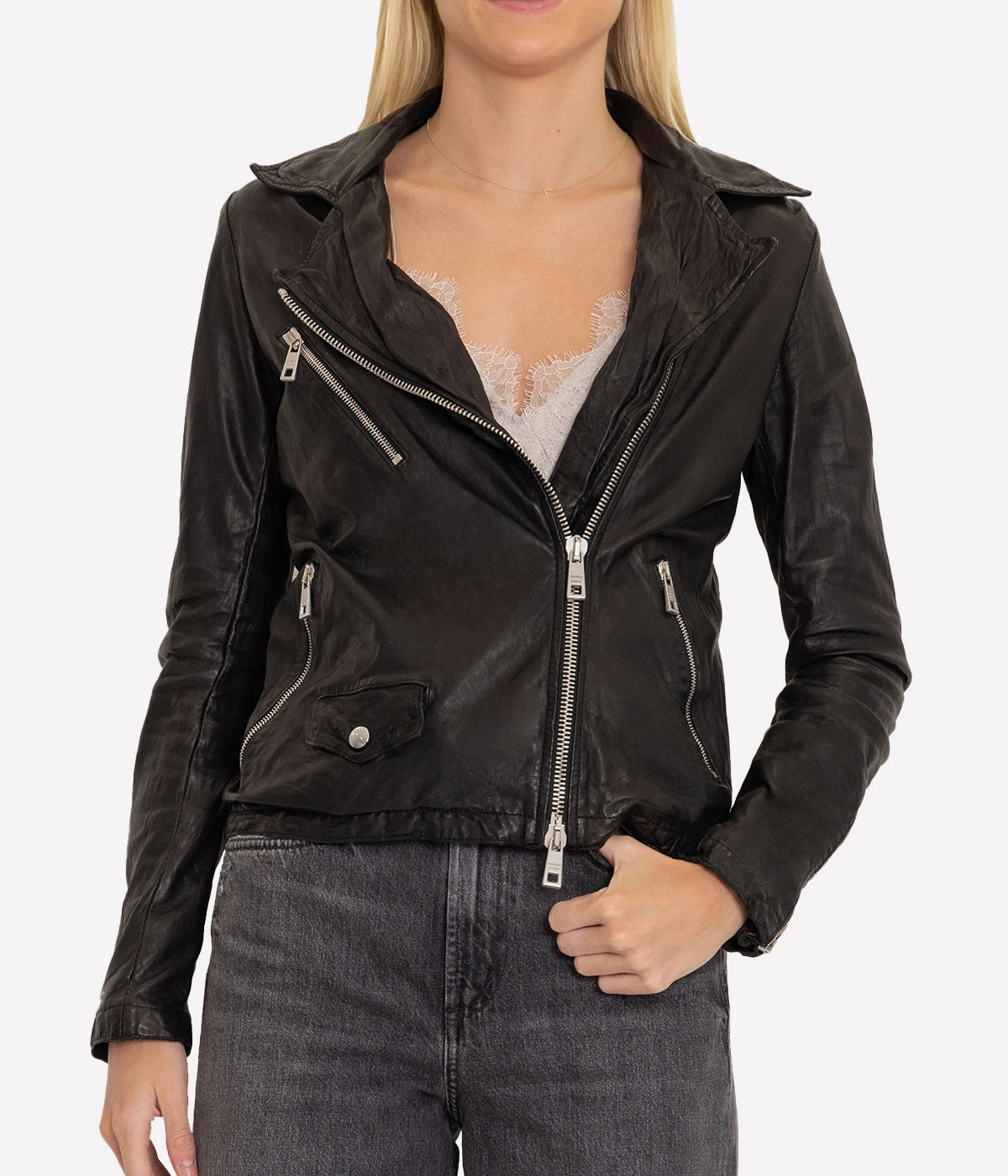 Leather Biker Jacket in Nero