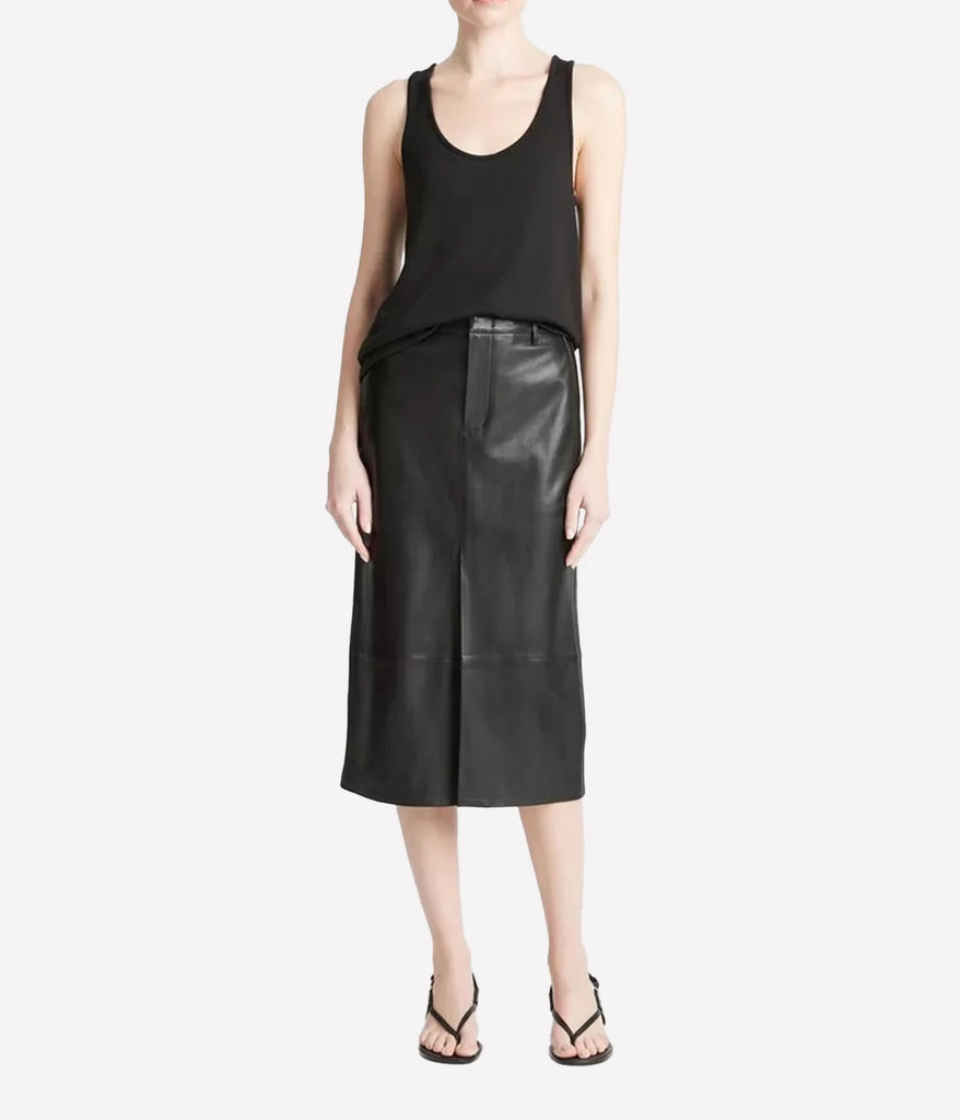 Trouser inspired straight black leather midi skirt with pockets and belt loops.  