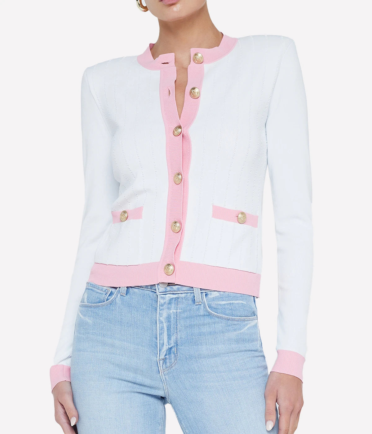 Leon Crew Neck Cardigan in White Cotton Candy