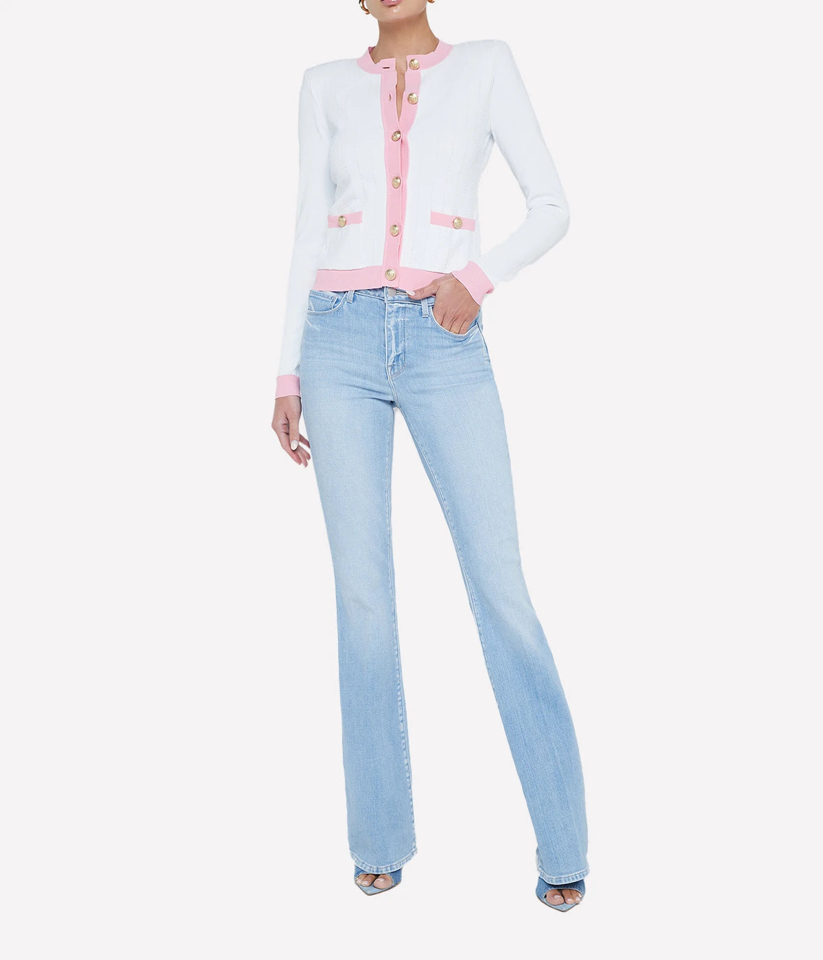 Leon Crew Neck Cardigan in White Cotton Candy