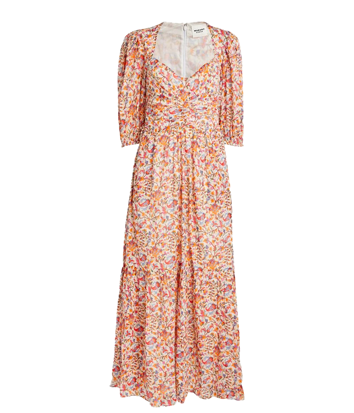 An elevated boho chic day time dress, in an orange floral patten featuring a square neck and gathered bodice, midi length, puff sleeve and tie waist detail. Long lunch, 100% cotton, made internationally, bra friendly, summer dress, comfortable. 