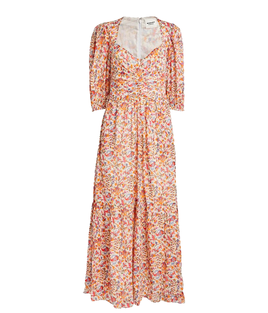 An elevated boho chic day time dress, in an orange floral patten featuring a square neck and gathered bodice, midi length, puff sleeve and tie waist detail. Long lunch, 100% cotton, made internationally, bra friendly, summer dress, comfortable. 