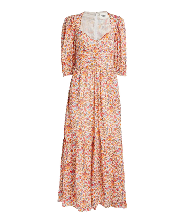 An elevated boho chic day time dress, in an orange floral patten featuring a square neck and gathered bodice, midi length, puff sleeve and tie waist detail. Long lunch, 100% cotton, made internationally, bra friendly, summer dress, comfortable. 
