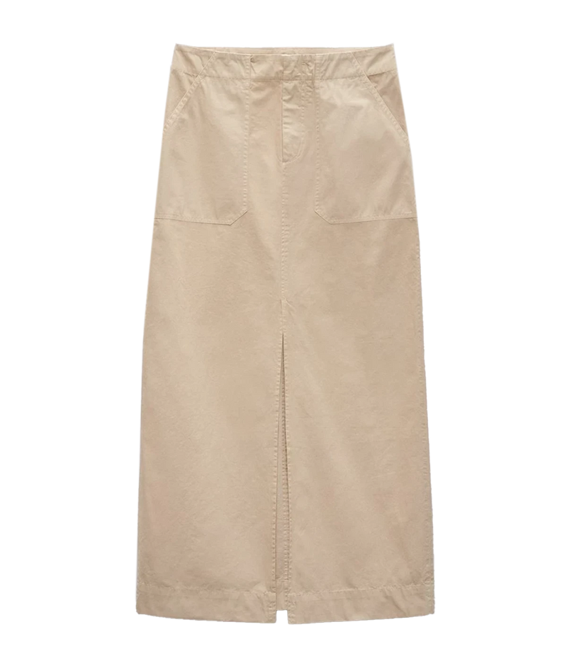 ALT Text for Product Image: Maxi skirt in lightweight Italian cotton with utilitarian details, including a zip closure and keeper button, styled for casual and polished looks.