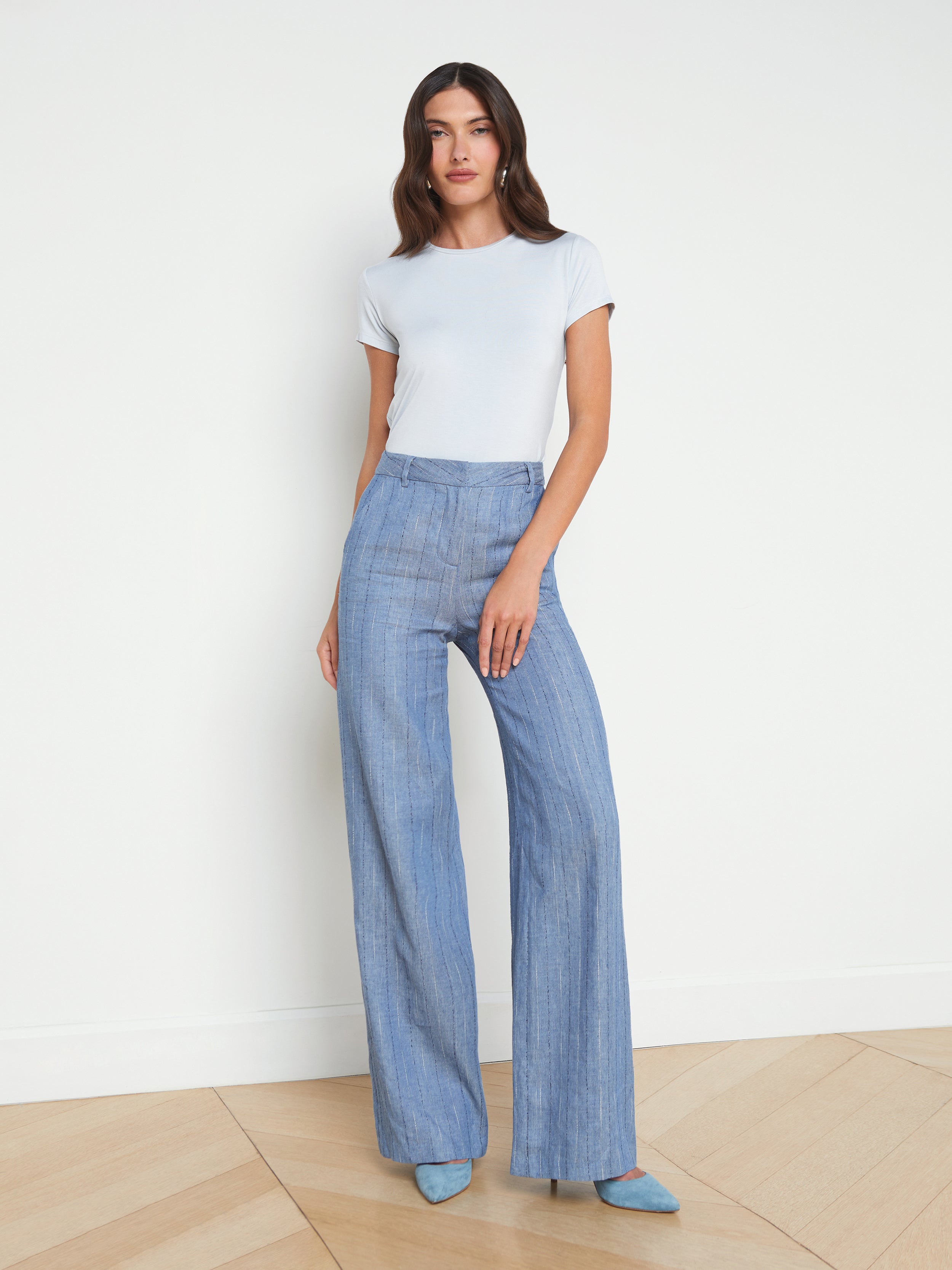 Livvy Straight Leg Trouser in Slate Blue Pinstripe