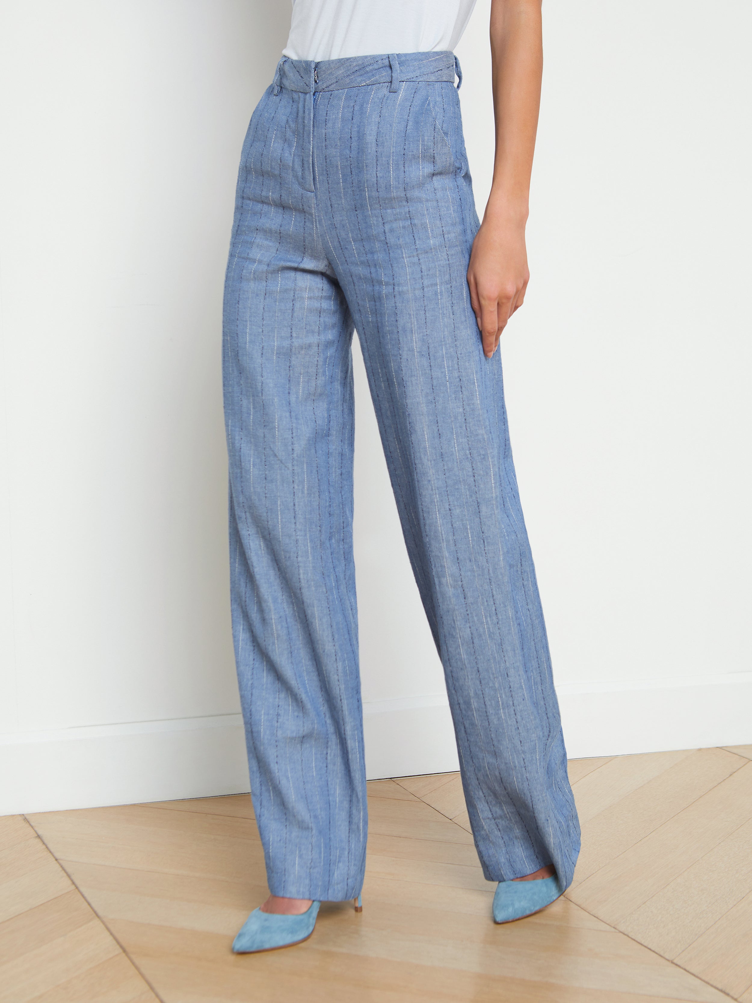 Livvy Straight Leg Trouser in Slate Blue Pinstripe