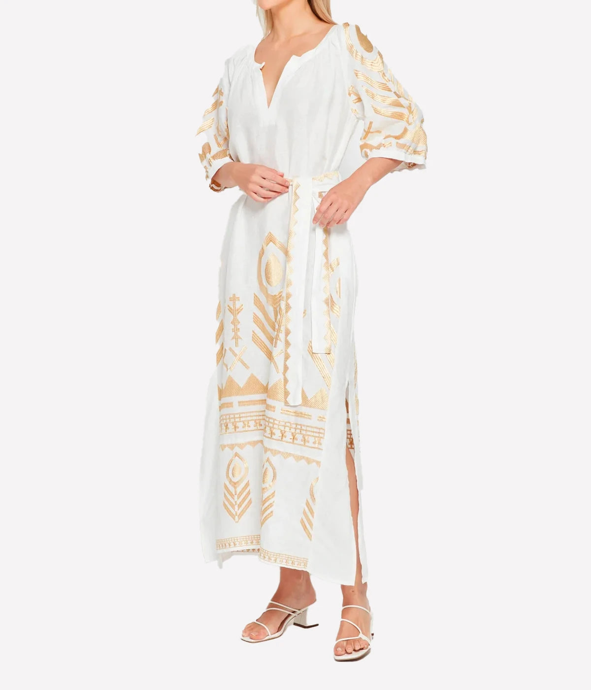 Long Feather Dress in White & Gold