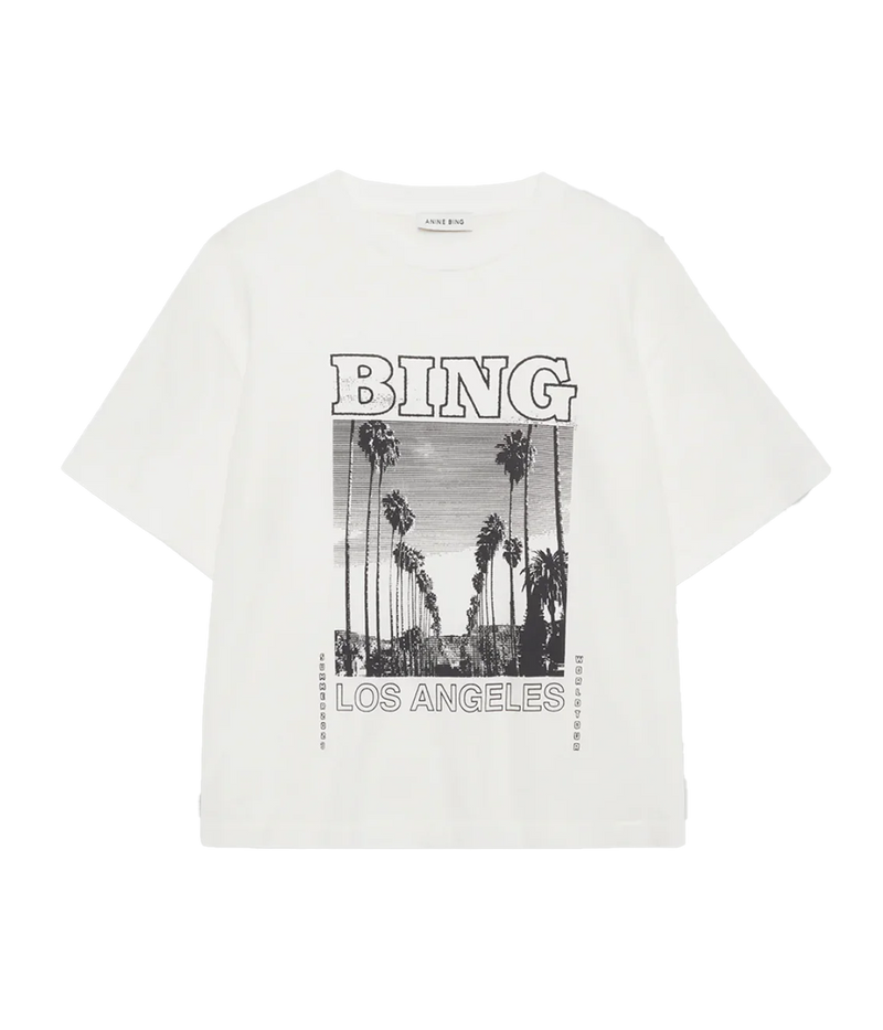 ALT text: Anine Bing Louis Tee Bing Tour in Ivory, a classic crewneck t-shirt crafted from soft cotton with a vintage-inspired graphic.