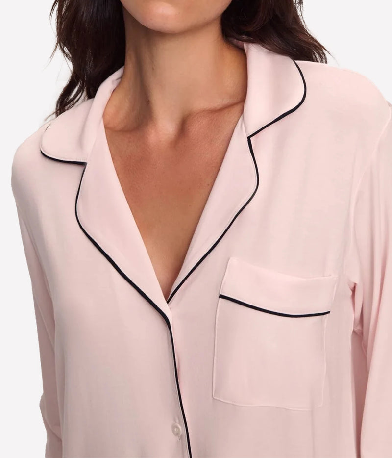 Close-up of the Eberjey Gisele Long Sleeve PJ Set in Sorbet Pink & Black showing the notch collar and black-piped chest pocket