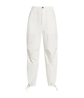 An everyday comfortable throw on and go pant, 100% cotton, parachute oversize style, Button fly closure and elastic waist, 4 pockets and drawstring ankles, white. Made in USA, comfortable, everyday pant, running errands, summer staple. 