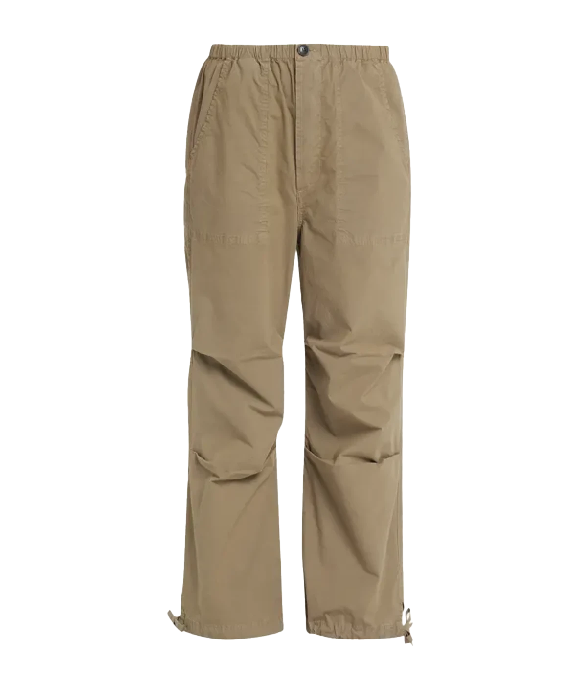 An everyday comfortable throw on and go pant, 100% cotton, parachute oversize style, Button fly closure and elastic waist, 4 pockets and drawstring ankles, olive green. Made in USA, comfortable, everyday pant, running errands, summer staple. 