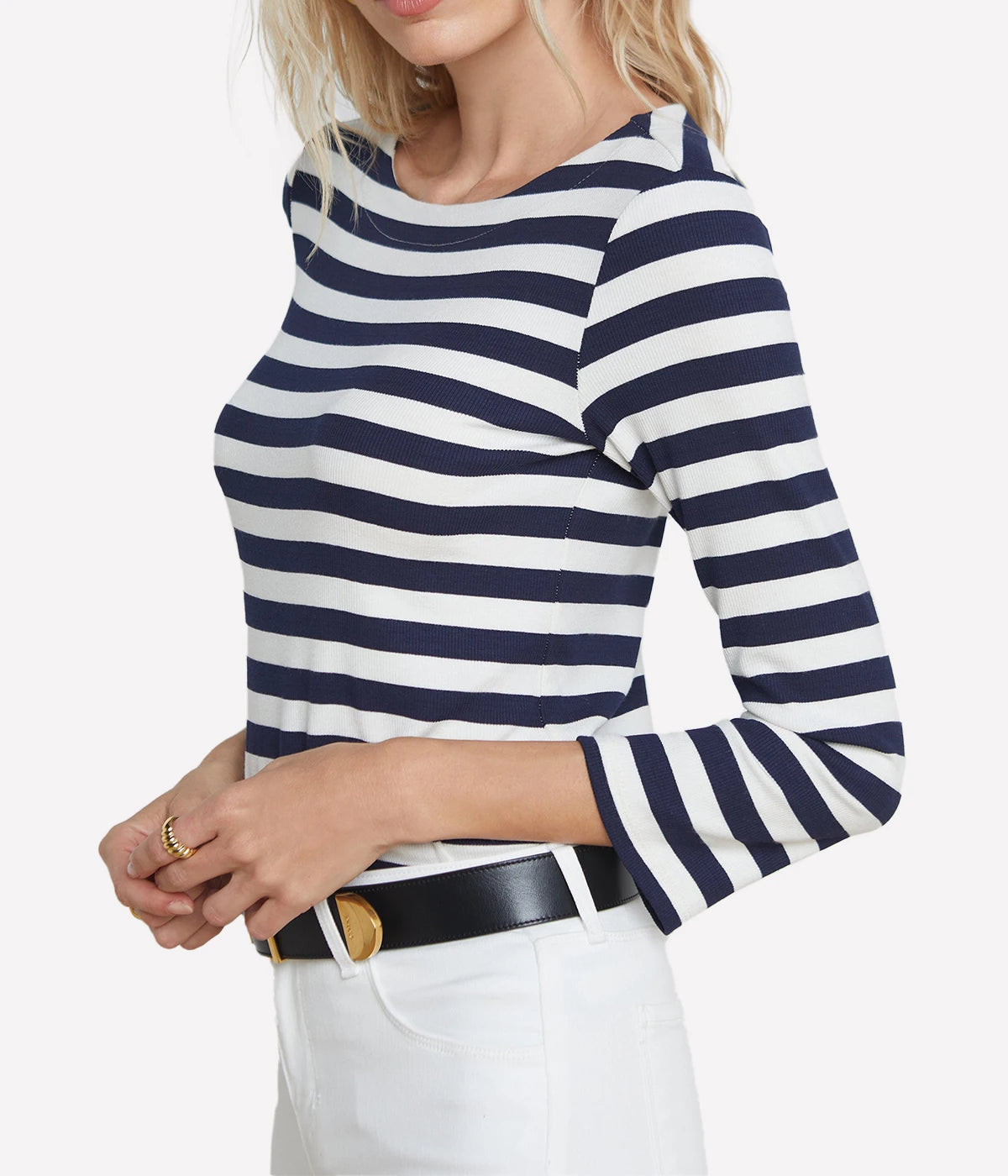 Lucille Boat Neck Top in Navy White Stripe