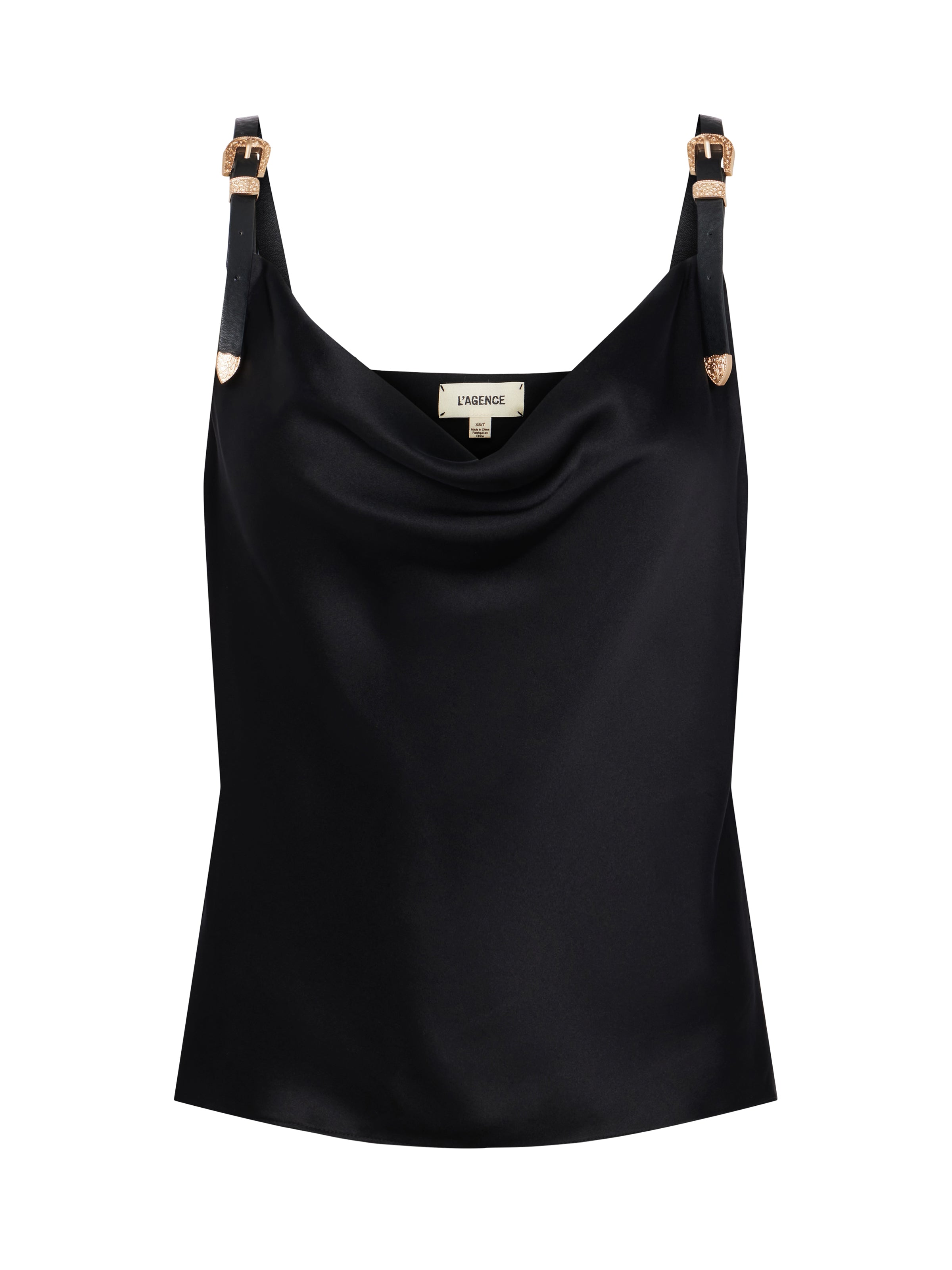 Lux Buckle Strap Cowl Neck Top in Black