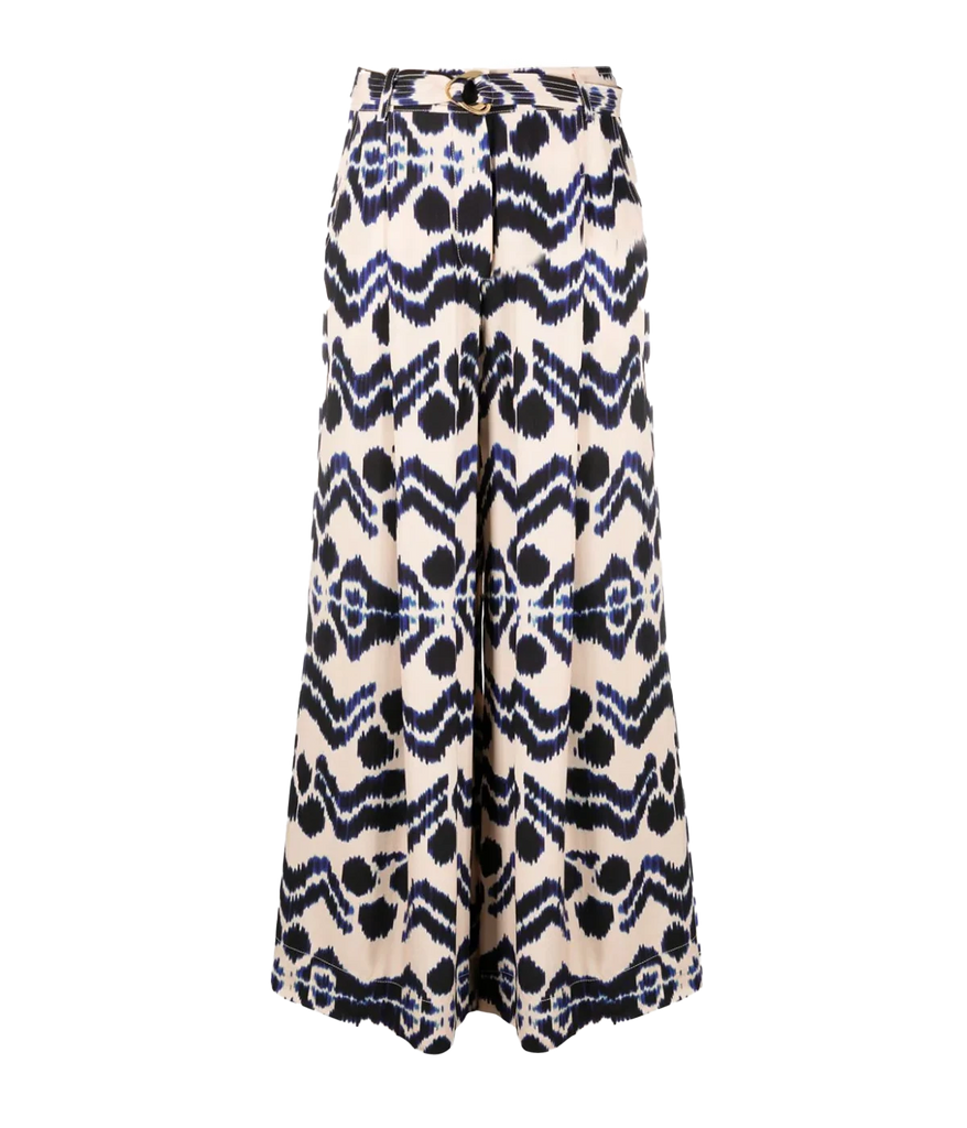 A casual satin black crepe trouser, with a blue and peach hue, high waist wide leg design, pockets and tie waist design. Everyday pant, work wear, matching set, made in Italy, girls lunch. 