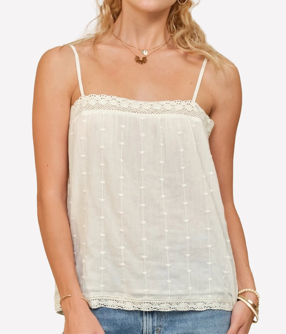 Model wearing the M.A.B.E Alli Embroidered Cami in Ecru – back view