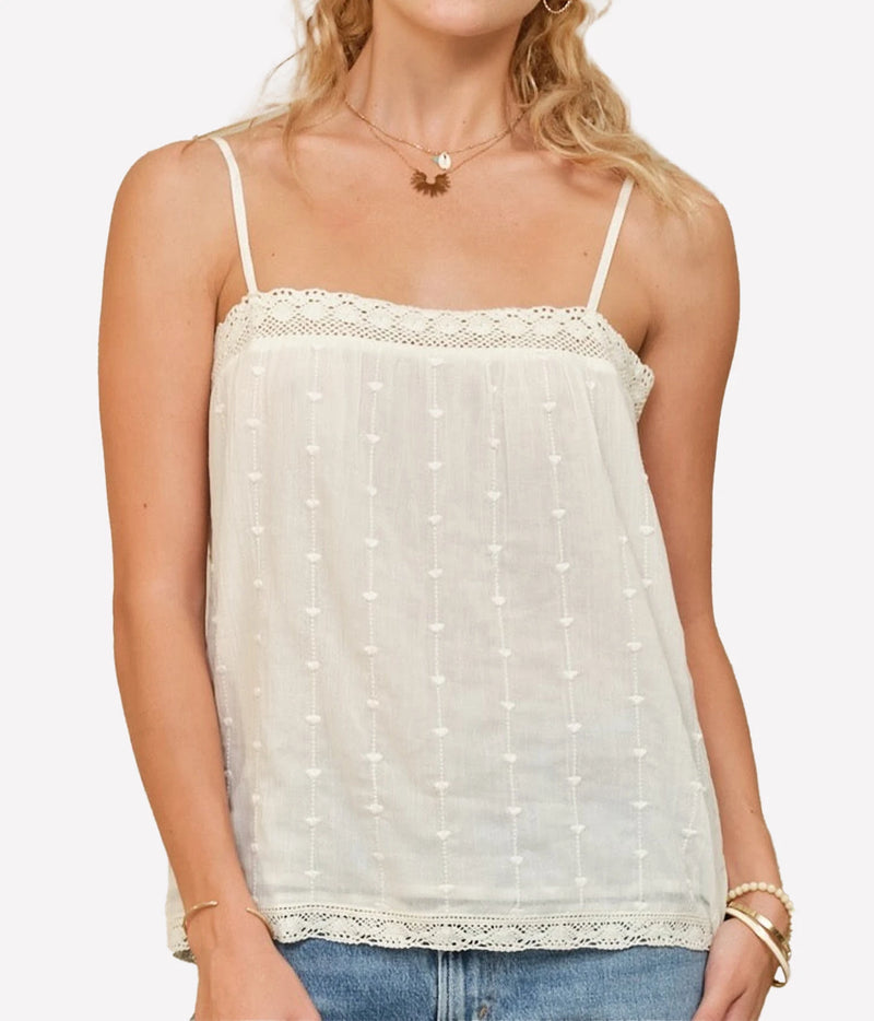 Model wearing the M.A.B.E Alli Embroidered Cami in Ecru – back view