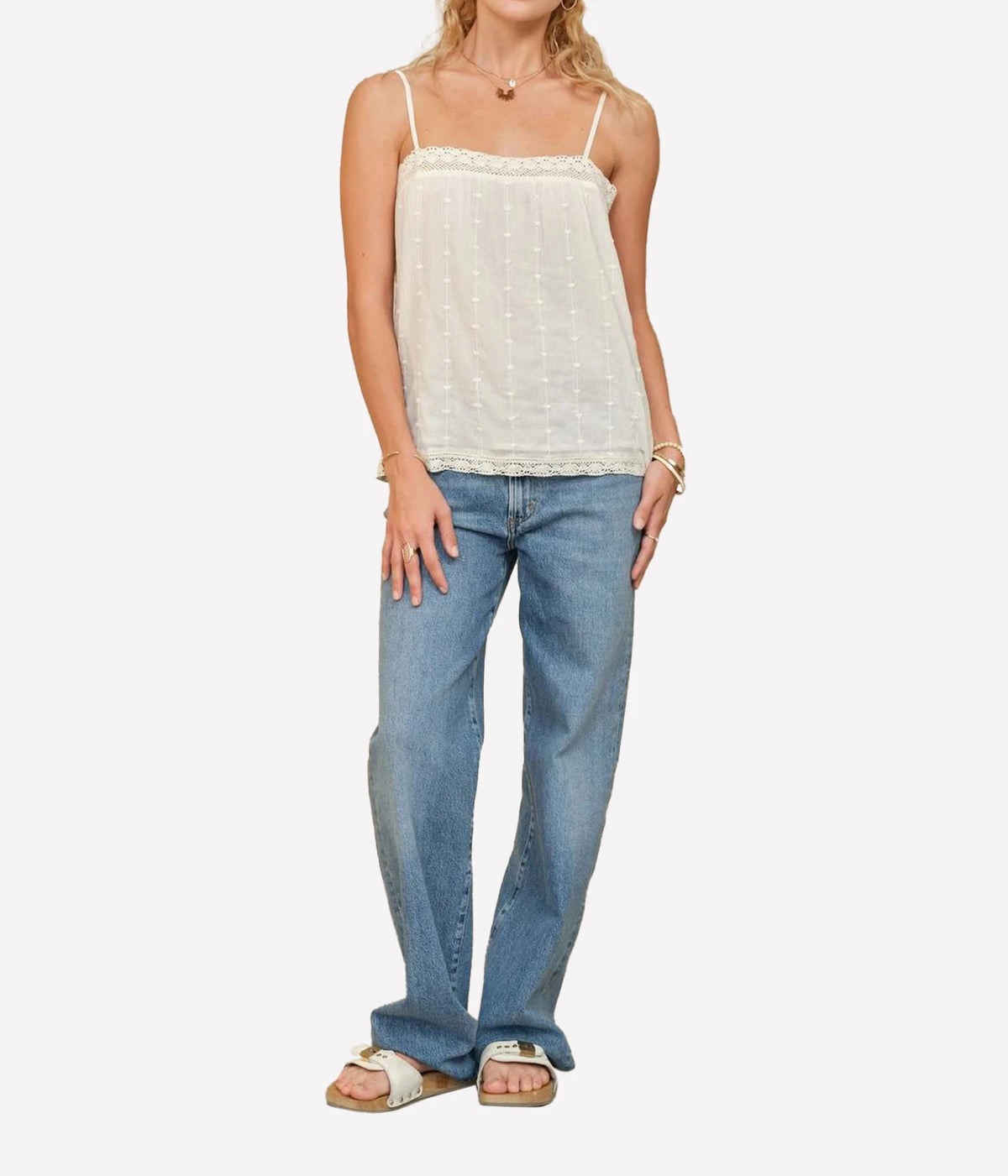 M.A.B.E Alli Embroidered Cami in Ecru – close-up of lace trim and embroidery
