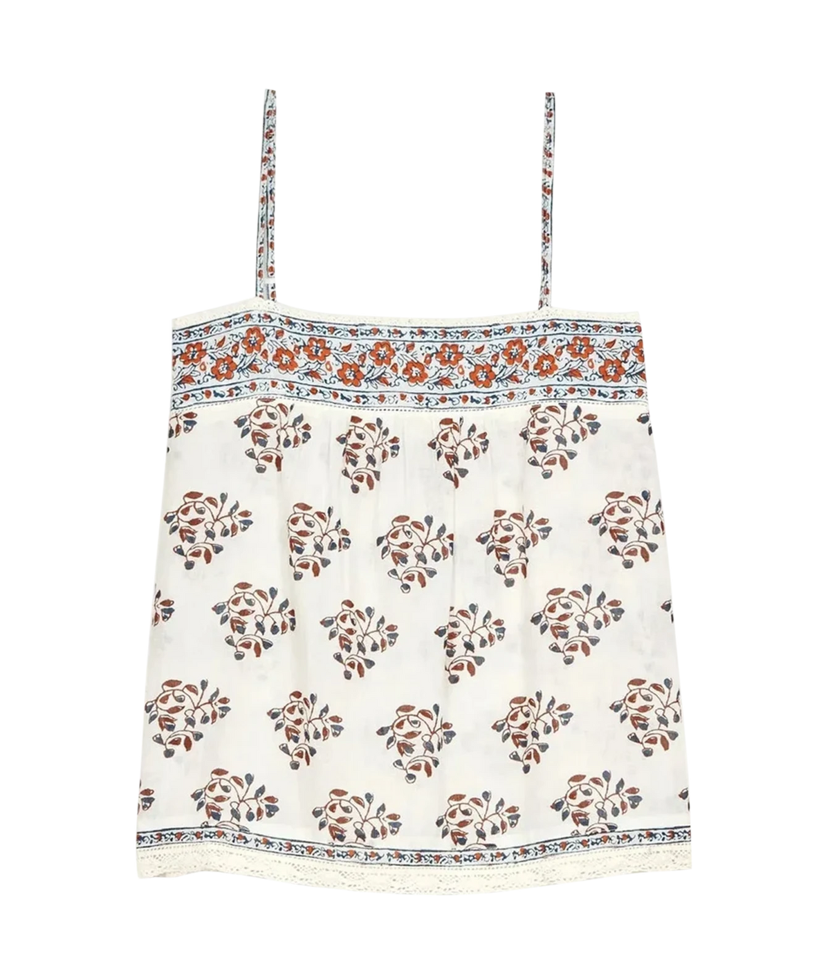 Front product view of the M.A.B.E Stella print cami in Ecru & Rust, with a rust floral blockprint, border prints and thin straps.