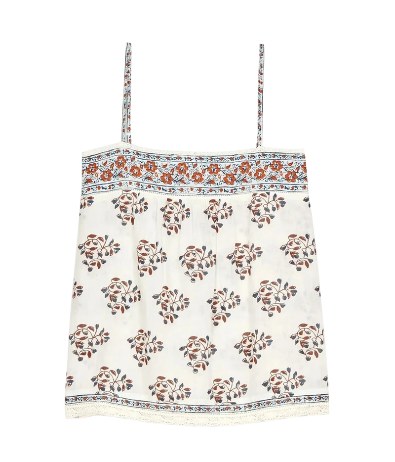 Front product view of the M.A.B.E Stella print cami in Ecru & Rust, with a rust floral blockprint, border prints and thin straps.