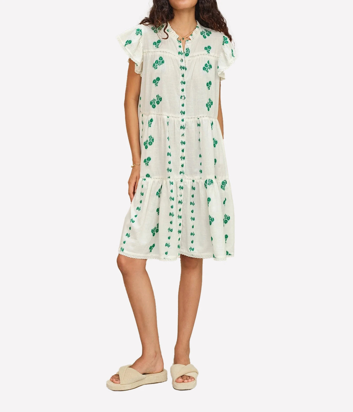 Model wearing the M.A.B.E Iris Woven Frill Short Dress in Green – full-length view