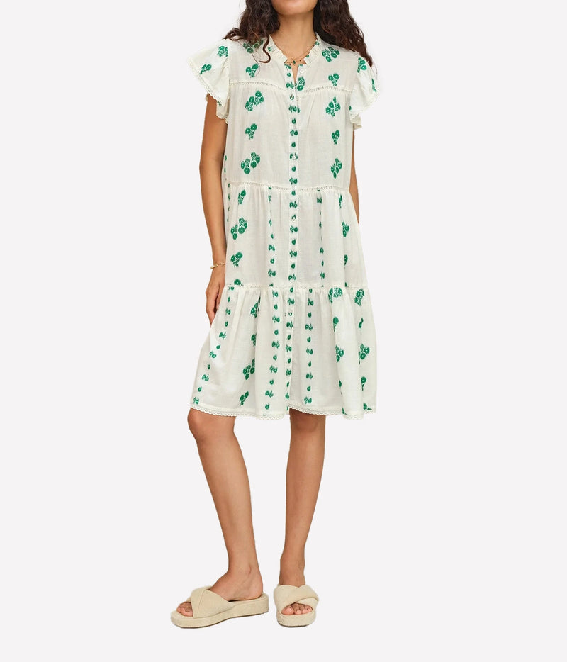Model wearing the M.A.B.E Iris Woven Frill Short Dress in Green – full-length view