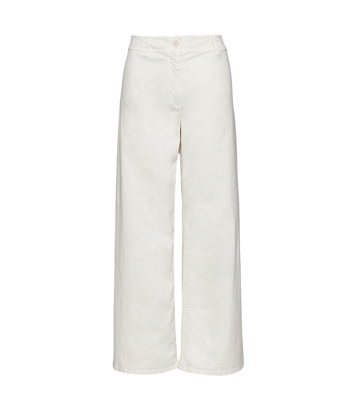 High-rise, wide leg ankle-length pant in brushed stretch twill cotton with zip fly, logo horn button closure, and back patch pockets.