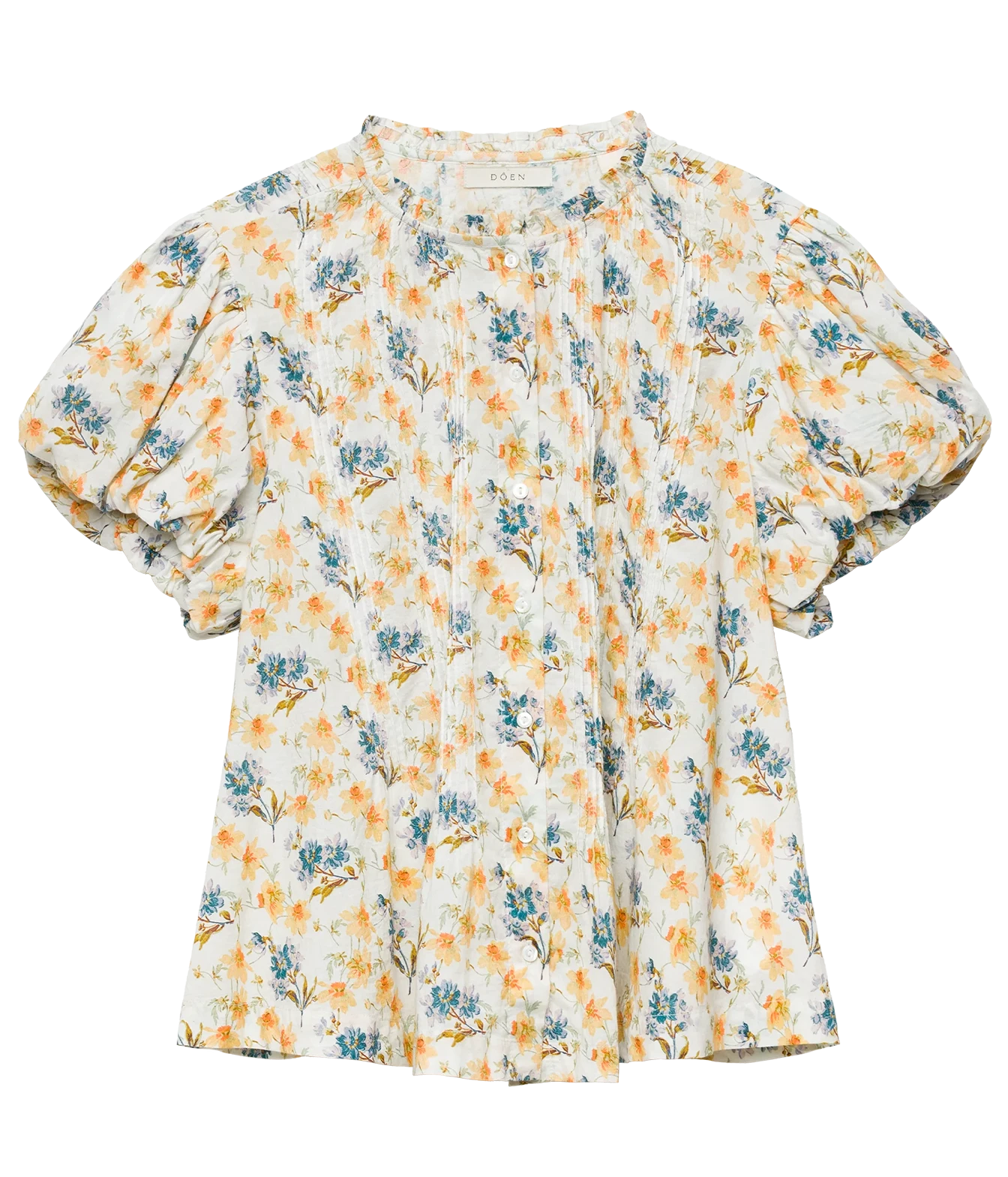 A short-sleeve blouse with a white base and an all-over floral print in orange and blue, featuring puffed short sleeves and a button-down front.