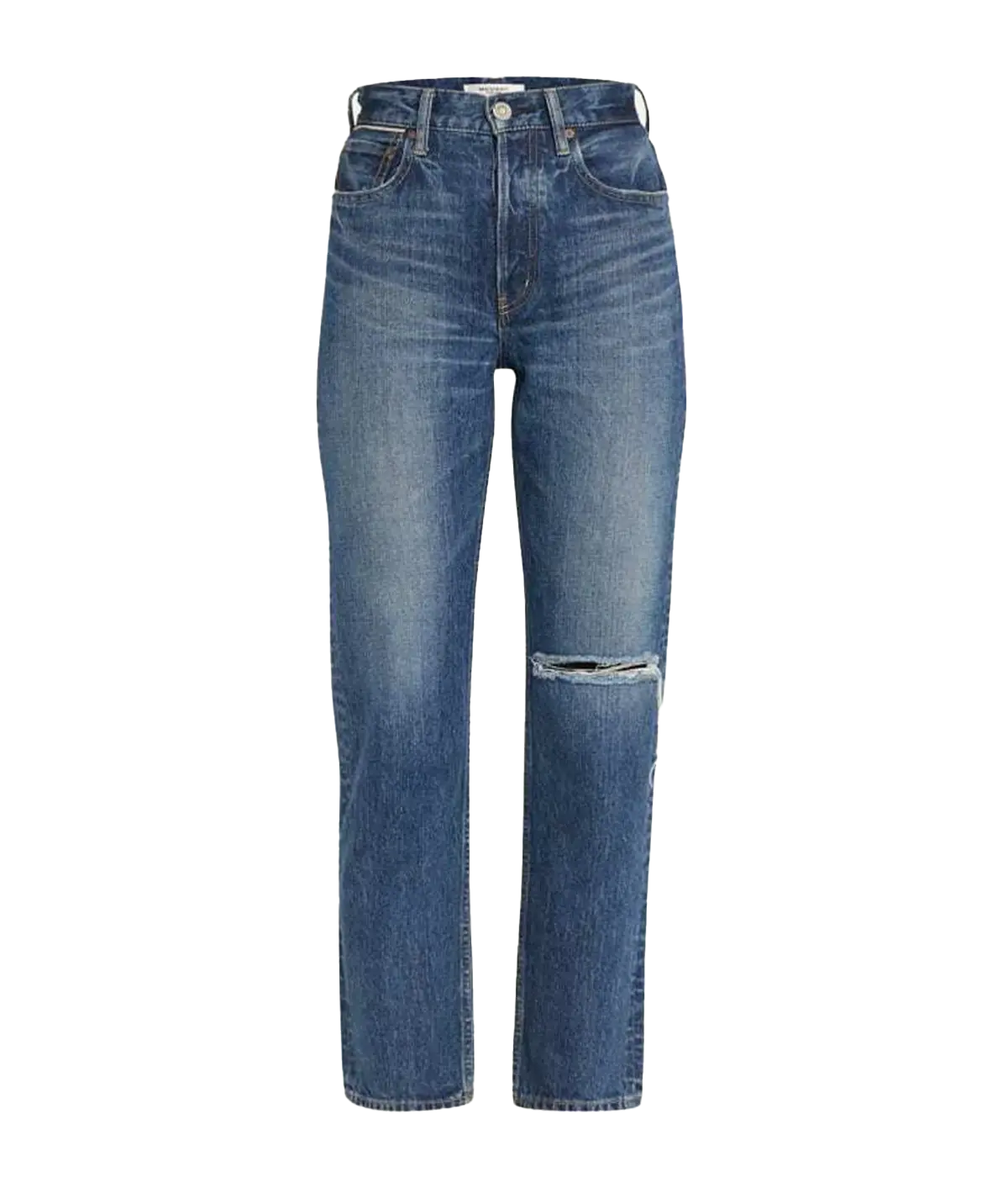 ALT Text: MV Widtsoe Wide Straight Jean in blue, featuring a wide fit, five-pocket design, and a rip at the left knee.