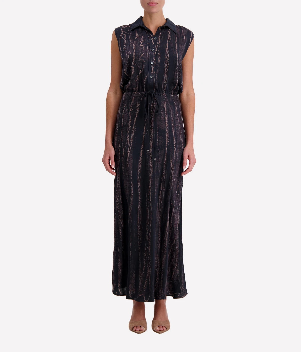 Sleeveless Maxi Shirt Dress in Black Snake
