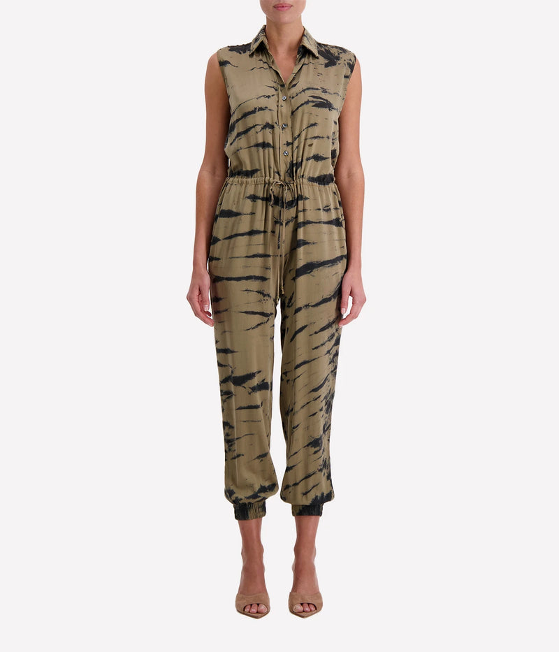 Sleeveless Button Front Jumpsuit In Safari Tiger