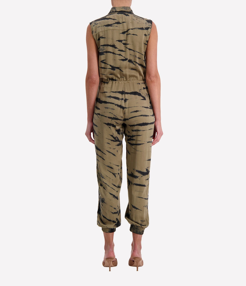 Sleeveless Button Front Jumpsuit In Safari Tiger