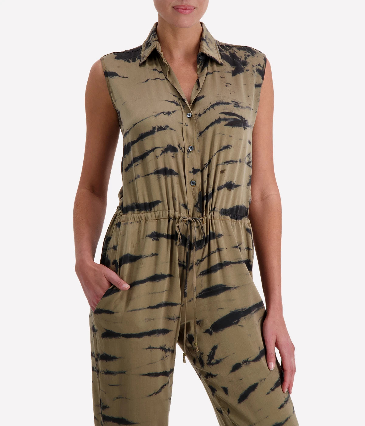 Sleeveless Button Front Jumpsuit in Safari Tiger