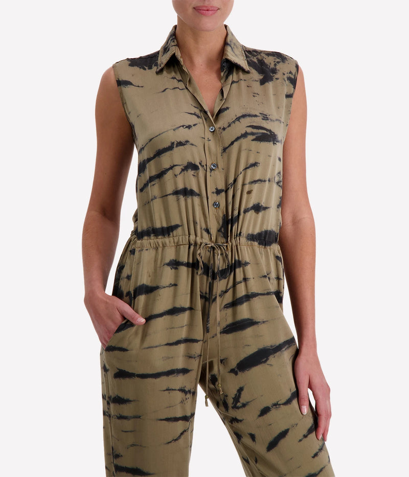 Sleeveless Button Front Jumpsuit In Safari Tiger