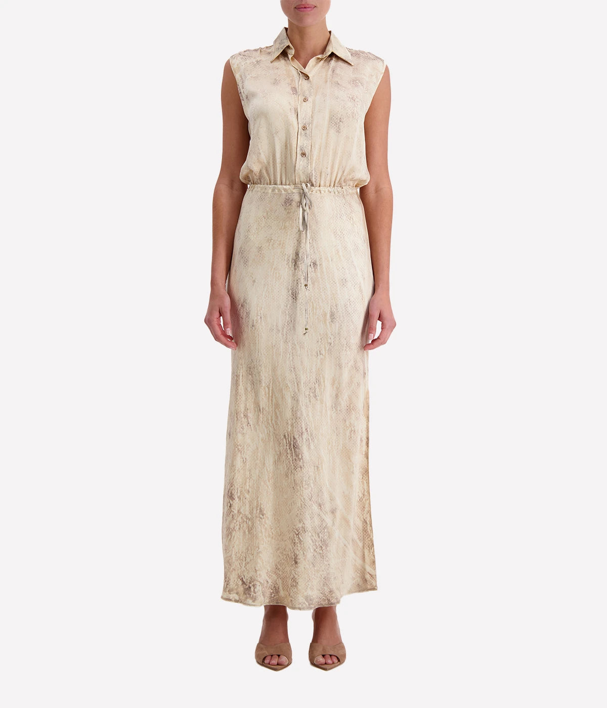 Sleeveless Maxi Shirt Dress in Brown Khaki Snake