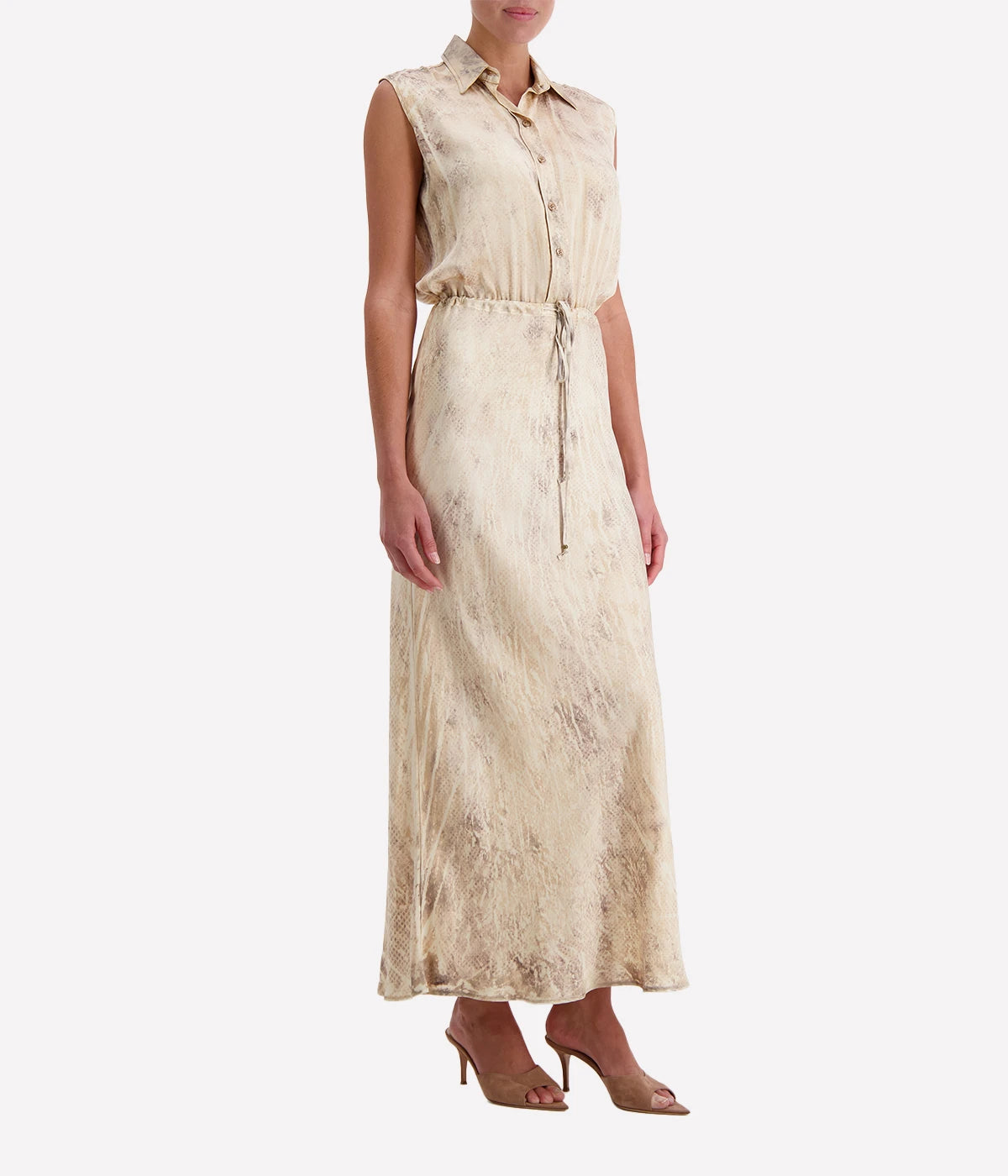 Sleeveless Maxi Shirt Dress in Brown Khaki Snake